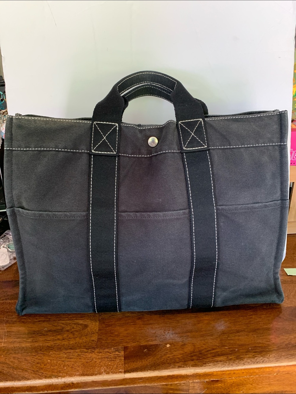Hermes Black canvas with black detailing and white stitch